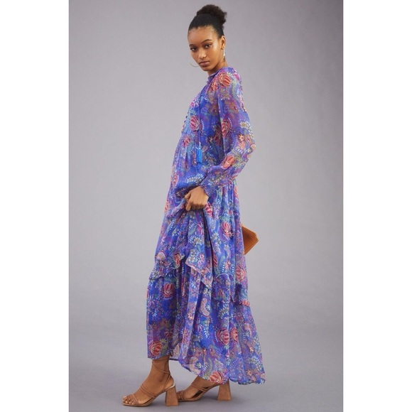 Anthropologie The Marais Chiffon Maxi Dress Blue Motif Small Petite SP Rare - Picture 5 of 8